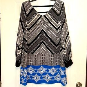 Takara Prim & Proper V-Neck Lined Shift Dress-Size MED Navy/Blue/White